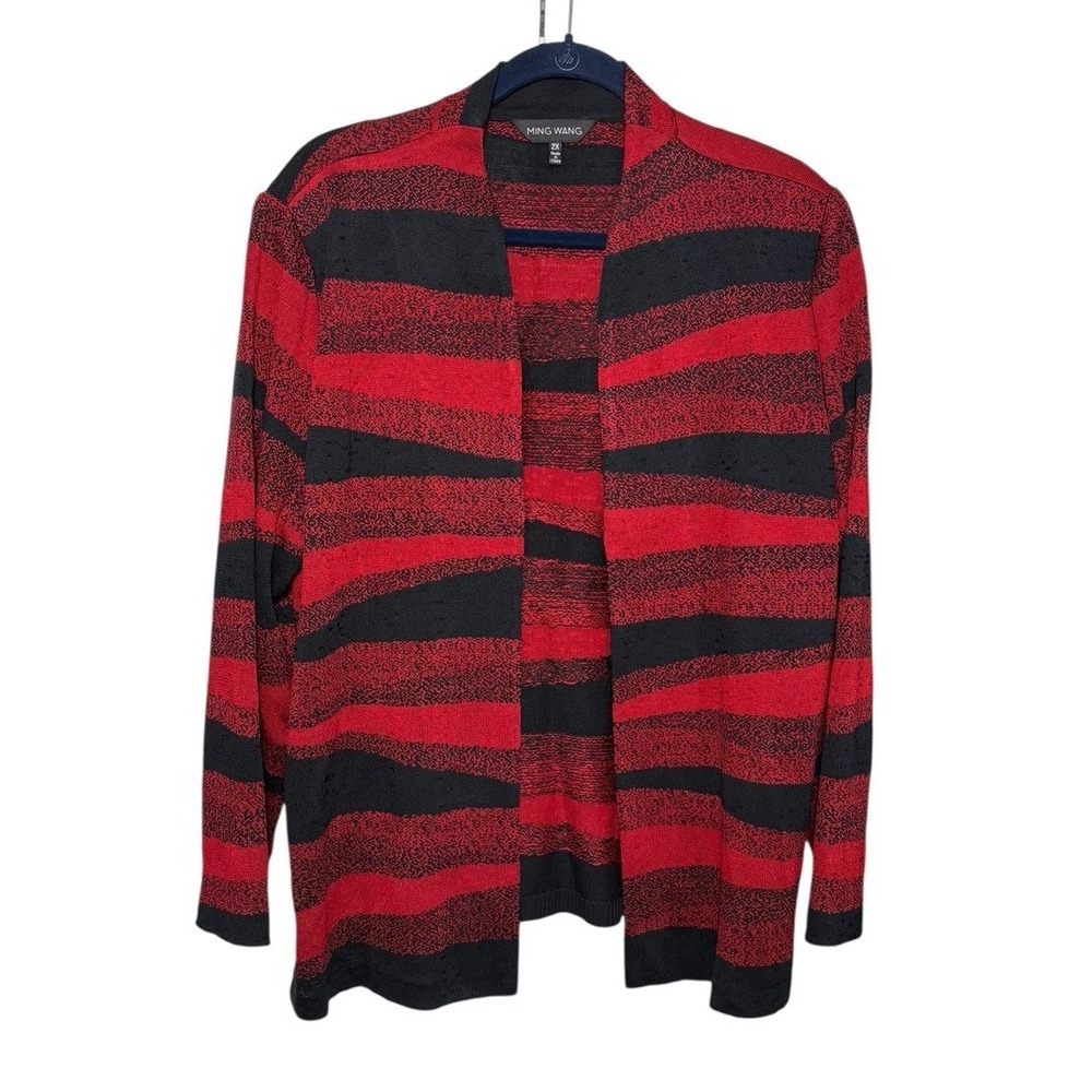 Ming Wang Black Red Acrylic Cardigan Size 2X Mature Shoulder Pads Geometric